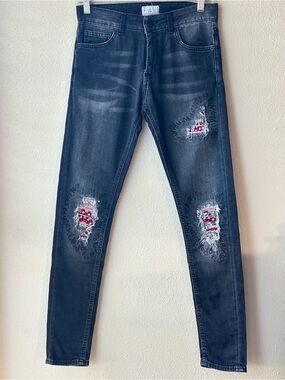 Family First Milano Men's Black Wash Slim Jeans with Red Patch Distress